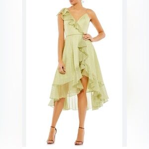 Mac Duggal One-Shoulder Ruffle Hi-Low Dress in Sage Green